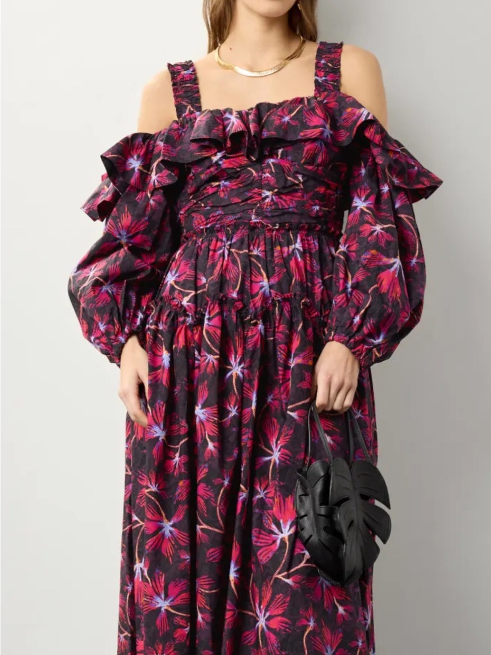 Ulla Johnson Black and Dark Pink Cold-Shoulder Maxi Dress
